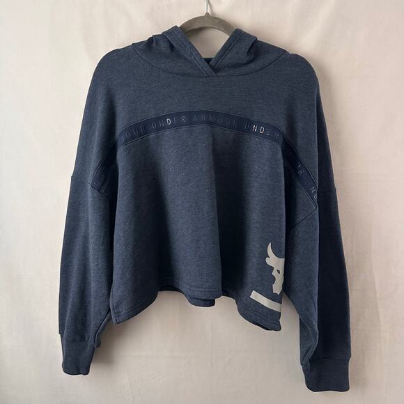 Under Armour Project Rock Taped Fleece Hoodie Cropped Sweatshirt Navy NEW Medium - Picture 1 of 7